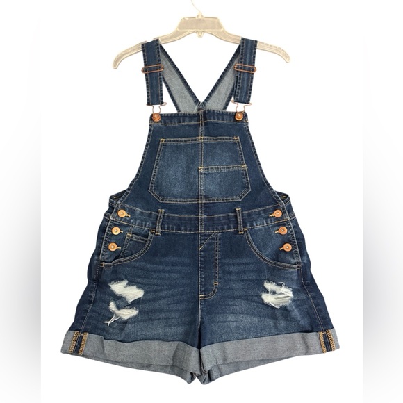 Distressed Denim Blue Overall Shorts - NWOT - Picture 1 of 3